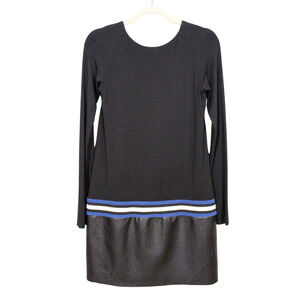 BAILEY 44 Black Jersey Knit Dress Contrast Faux Leather Blue Stripe Womens Small